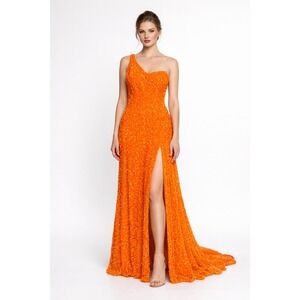 Vip & Diamond Bridal Orange Sequin One Shoulder Prom Formal Gown Size 6